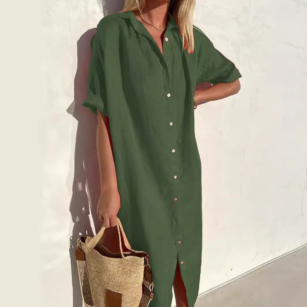 Women's cotton linen blend shirt dress relaxed fit short sleeve button-front casual warm-weather style