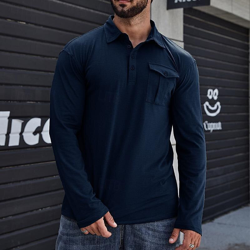 Men's long sleeve Henley polo shirt breathable cotton regular fit with chest pocket casual classic