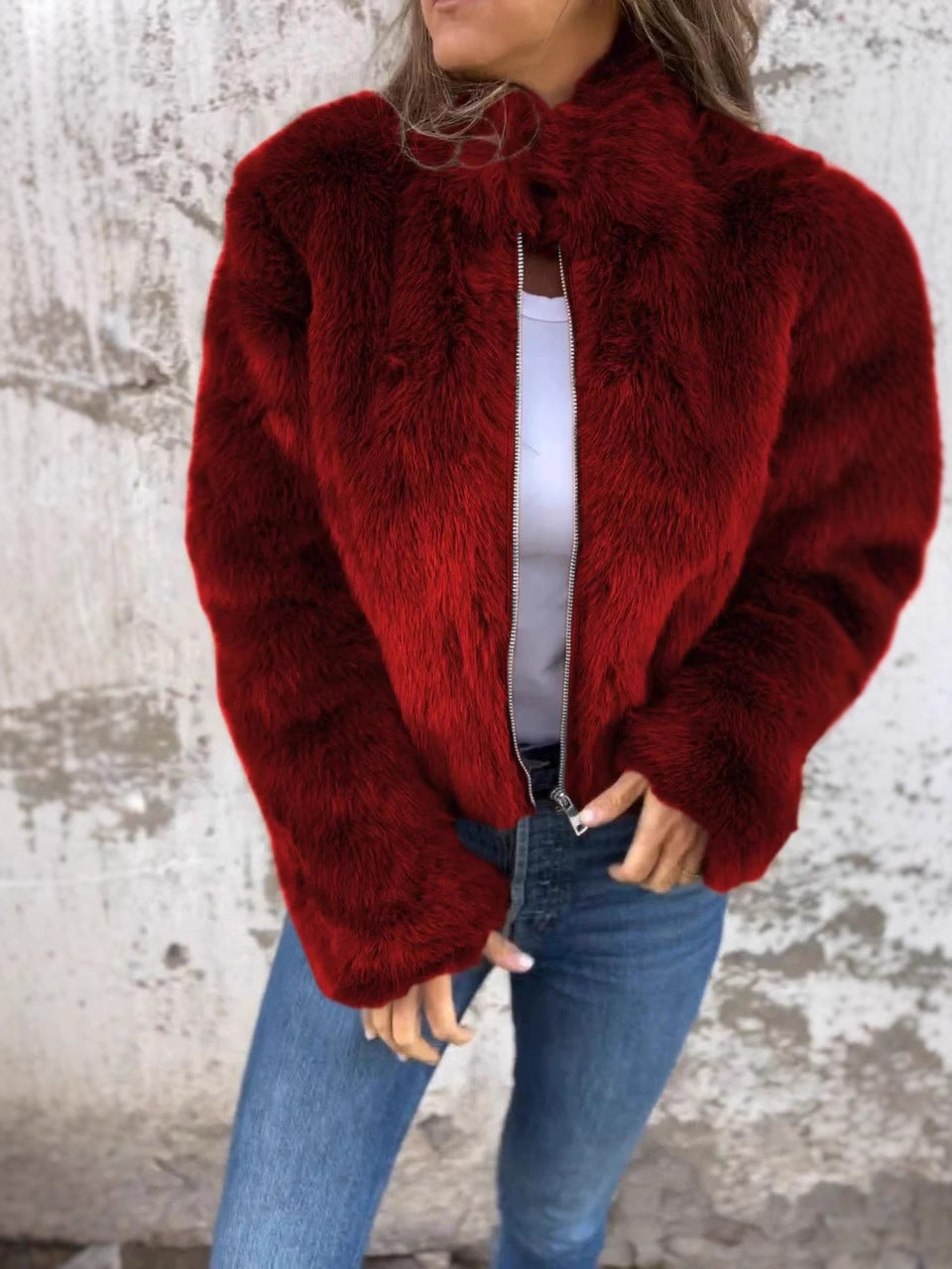 Women's faux fur jacket cozy relaxed fit high neck zipper closure winter warmth