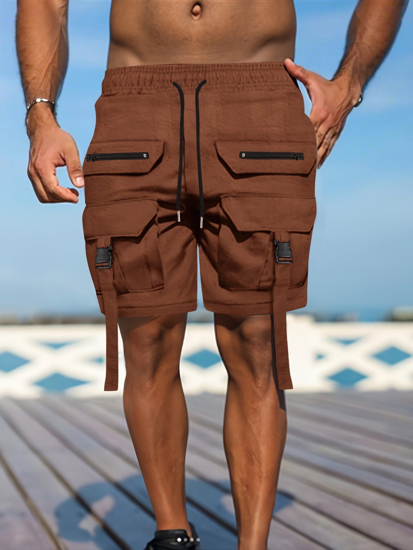 Men's khaki cotton-blend cargo shorts regular fit with multiple utility pockets for outdoor wear