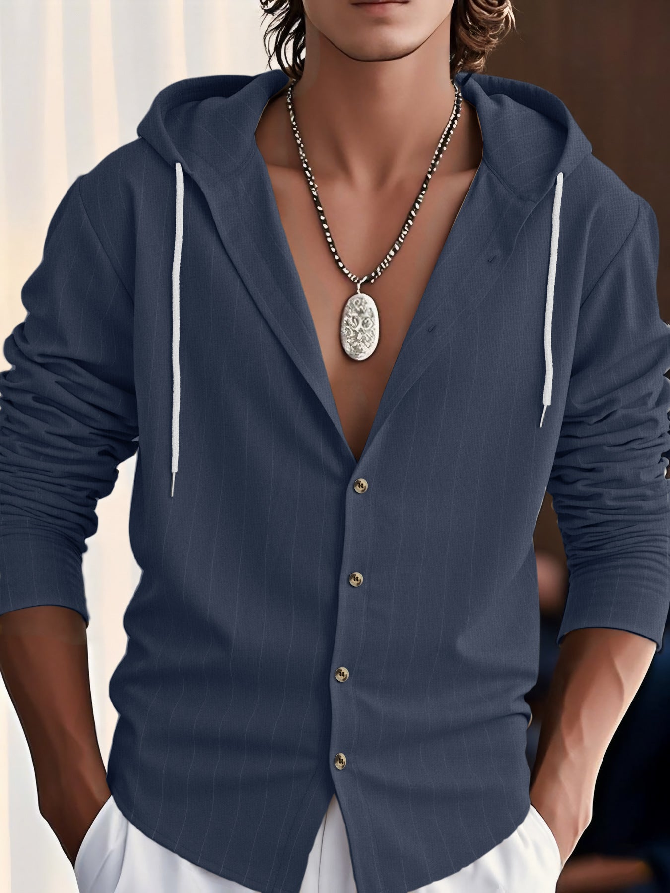 Men's relaxed-fit hooded cotton-blend blouse with button-front closure in casual urban style