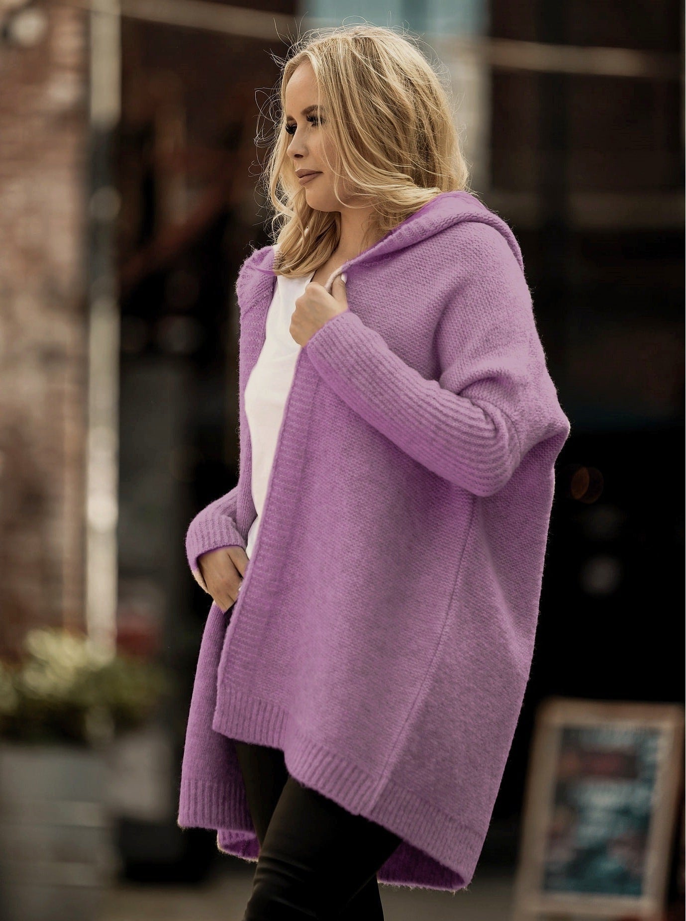 Women's oversized hooded knit cardigan open front wide sleeves cozy relaxed fit casual everyday