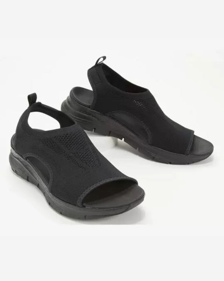 Women's gray knit slip-on sport sandals with open toe and orthopedic supportive platform sole