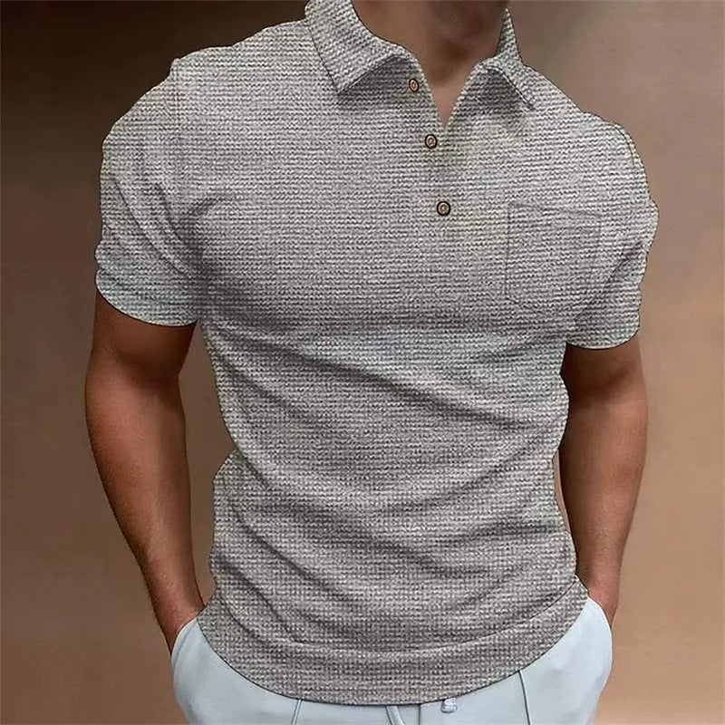 Men's slim fit piqué knit polo shirt with chest pocket, short sleeve everyday style