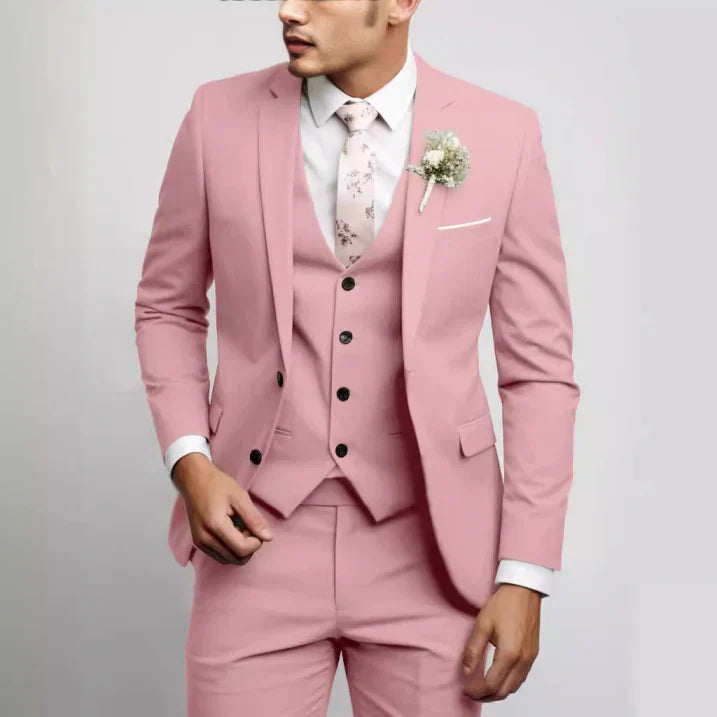 Men's slim fit three-piece wedding suit in elegant formal style with matching vest and trousers