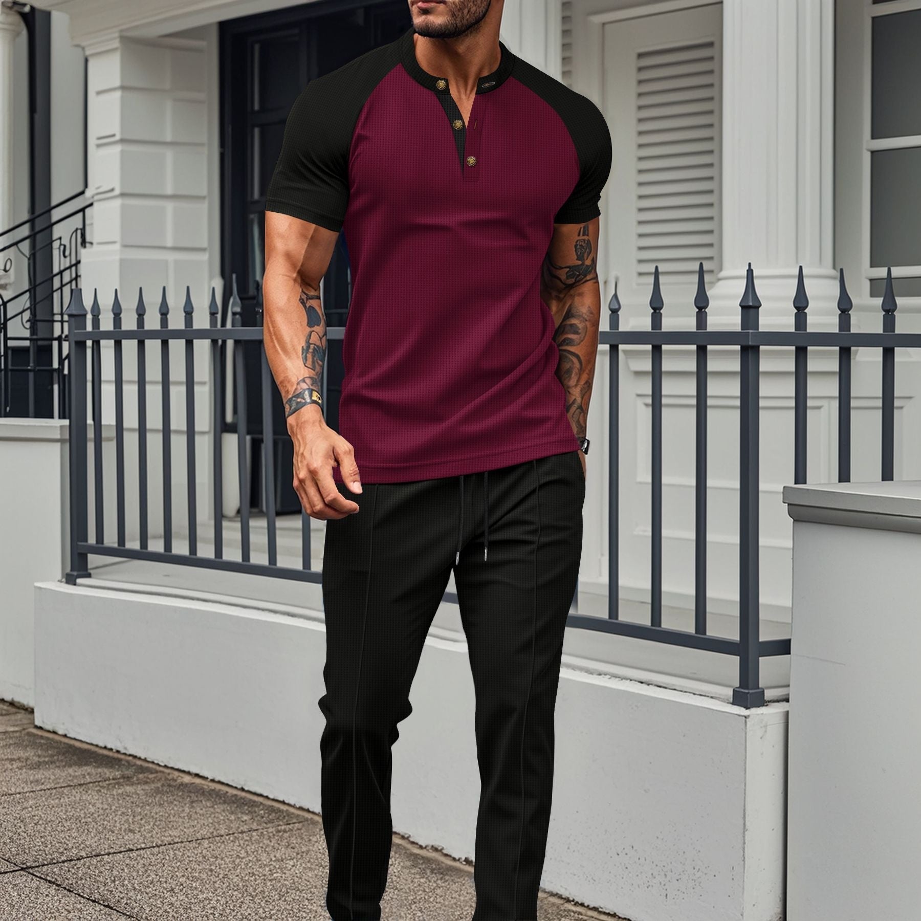 Men's slim fit short sleeve raglan shirt lightweight breathable fabric casual semi-formal style