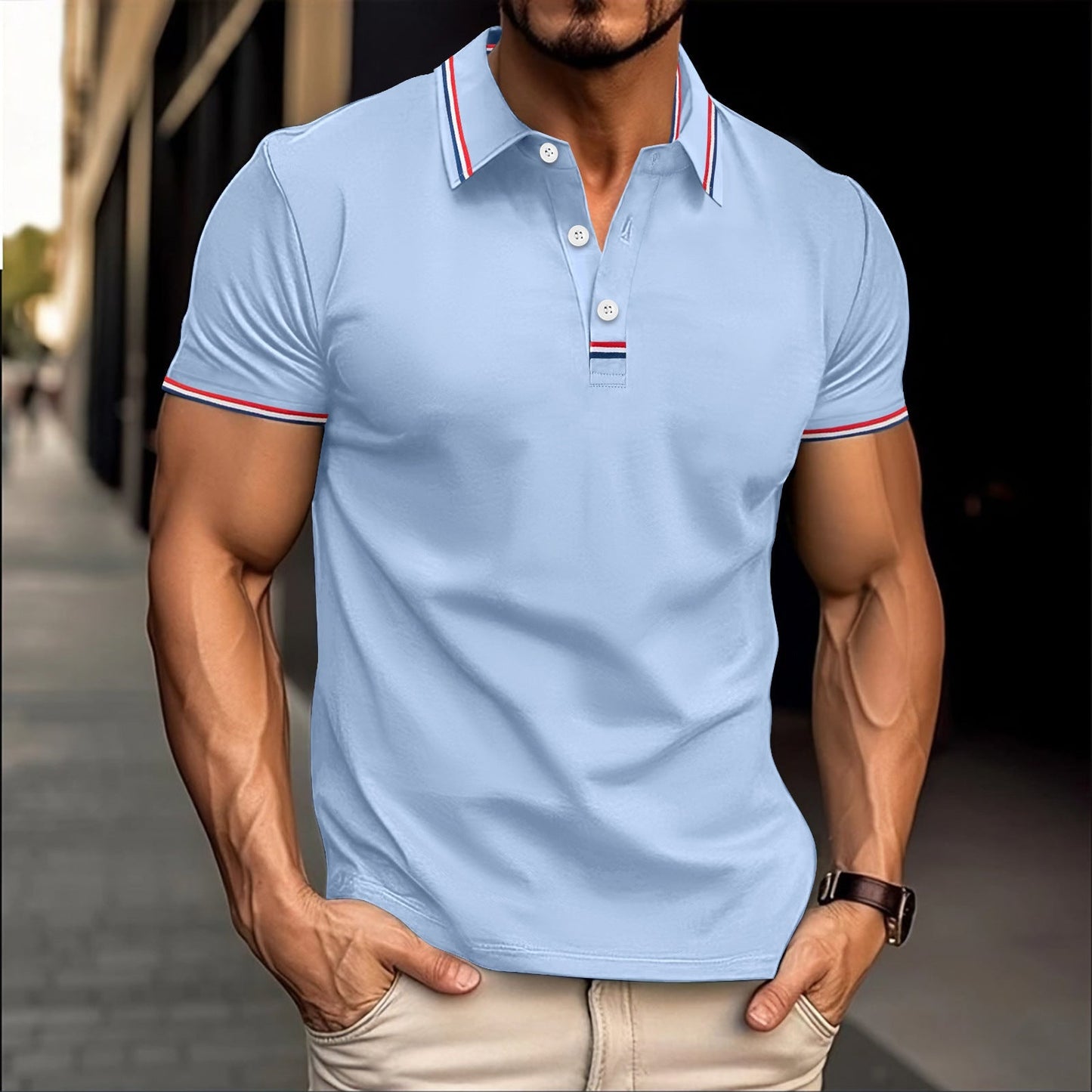 Men's slim fit cotton blend polo shirt with ribbed collar and button placket, polished versatile style