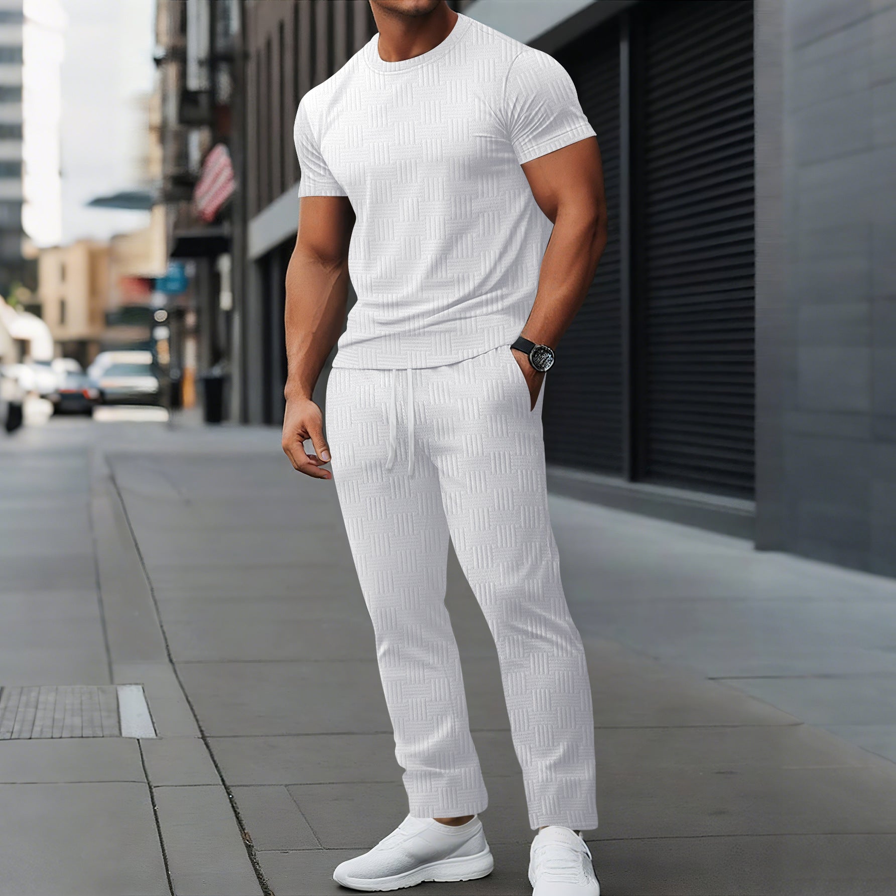 Men's slim fit training set breathable stretch fabric textured design active athletic wear