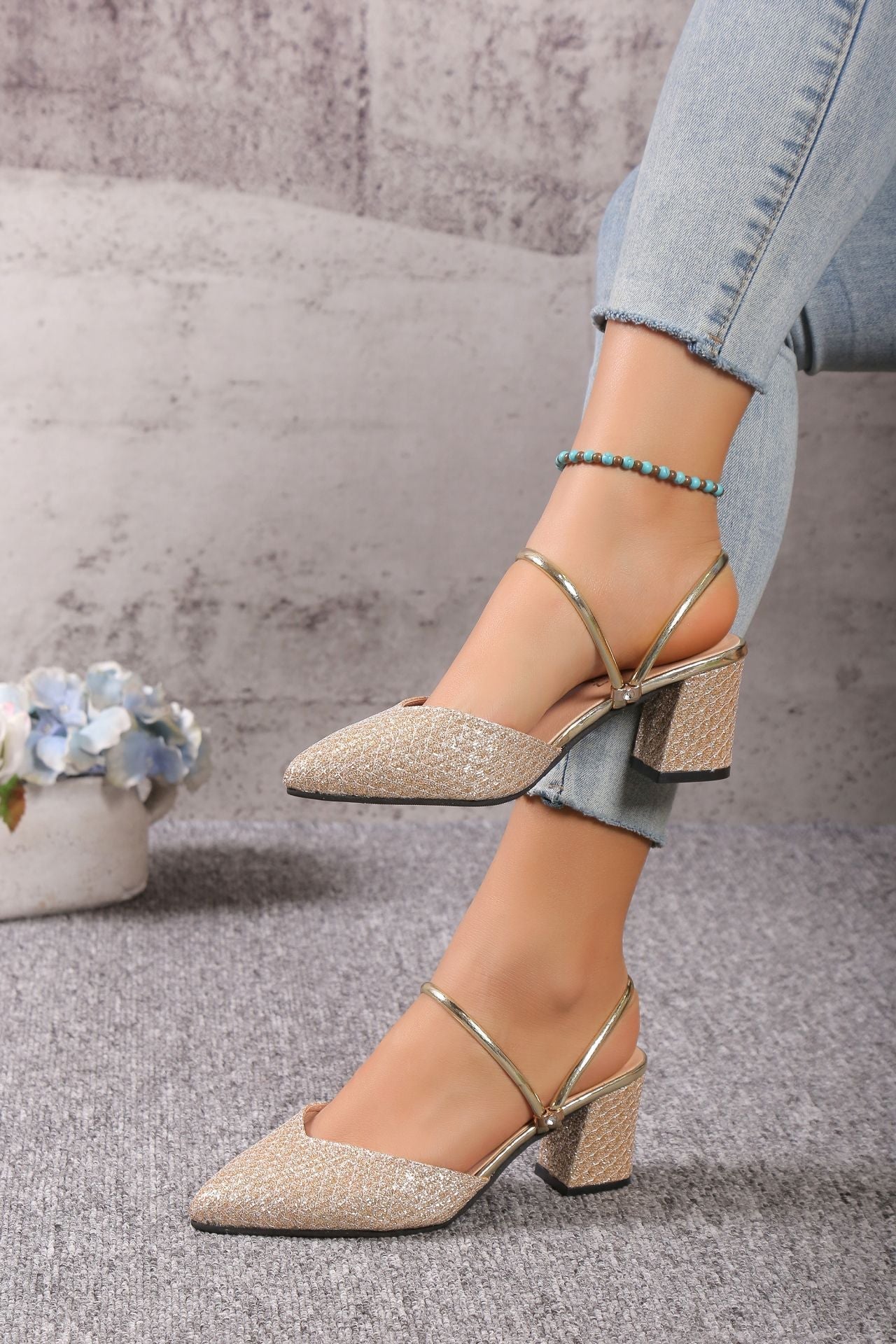 Women's silver glitter block heel mules pointed toe slip-on with elegant strap day-to-night style