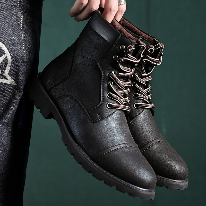 Men's brown PU leather ankle lace-up boots with reinforced toe and padded collar for daily wear