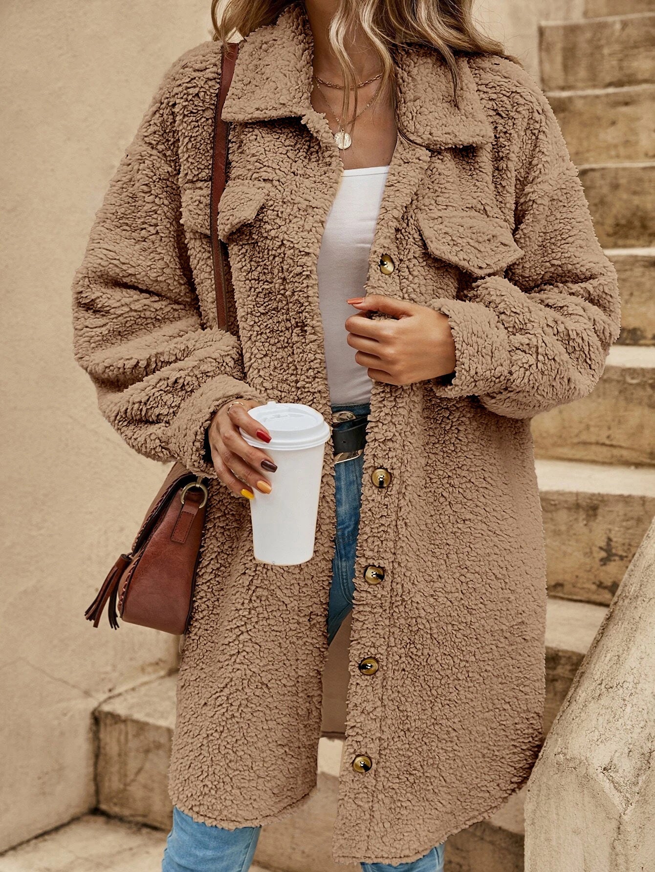 Women's oversized sherpa coat cozy fit with button closure and chest pockets warm plush outerwear