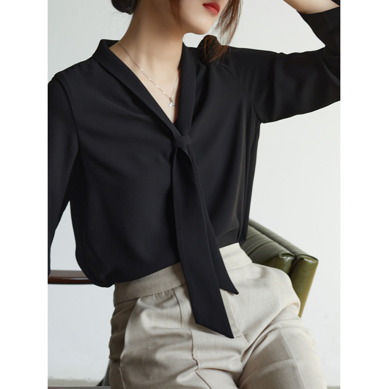 Lightweight chiffon blouse with draped bow tie neck, elegant V-cut silhouette for professional women
