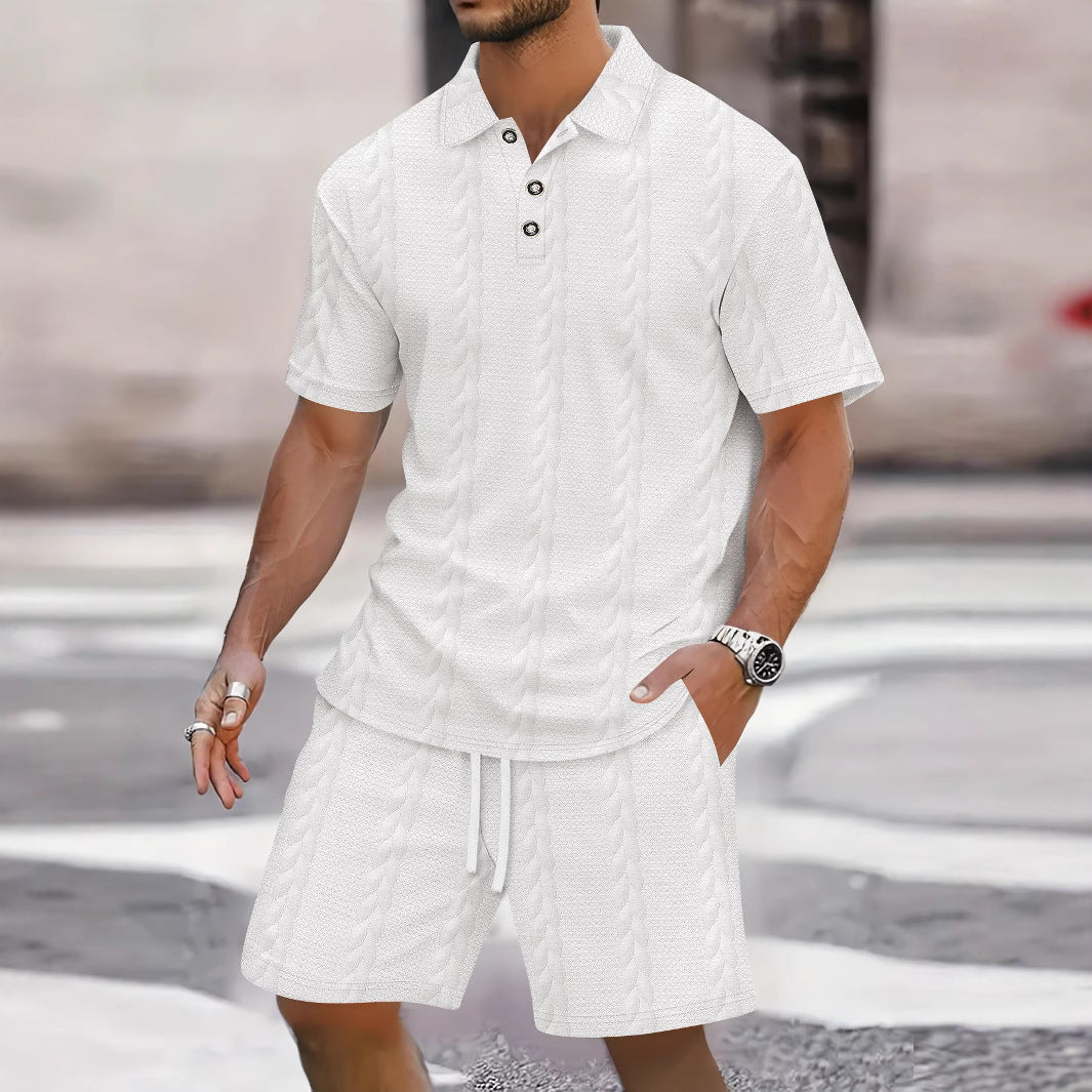 Men's relaxed fit knit shirt and Bermuda shorts set, lightweight summer matching outfit with button closure