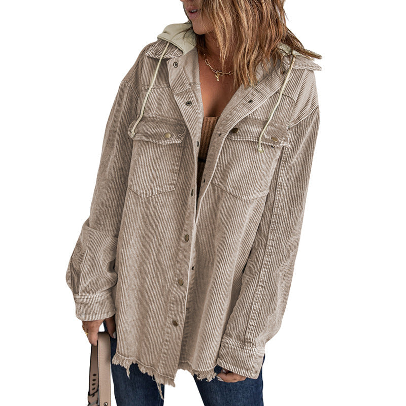 Women's oversized corduroy hooded jacket with fringed edges and button closure, chic casual style