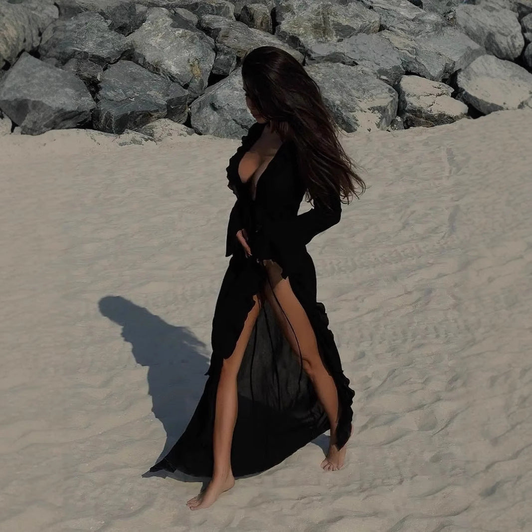 Women's long-sleeve sheer chiffon beach cover-up open-front with cascading ruffle details