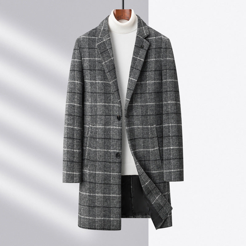 Men's plaid check wool blend overcoat mid-length notch lapel two-button closure structured fit