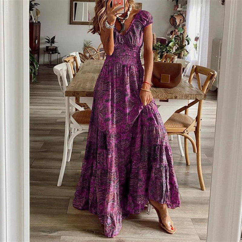 Women's cotton maxi dress V-neck smocked bodice tiered skirt breathable warm-weather elegance