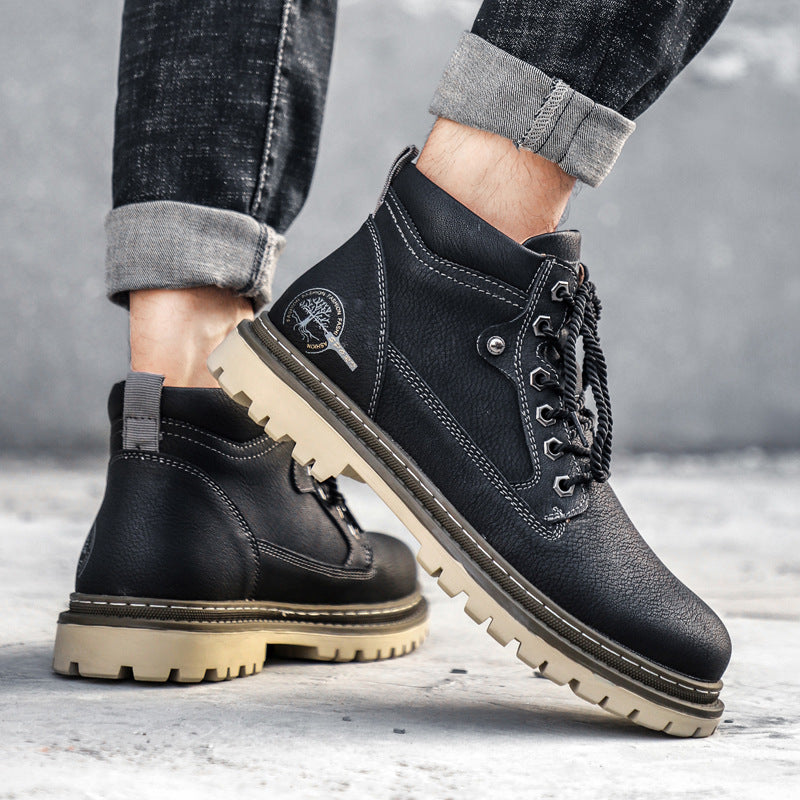 Men's black faux leather ankle boots lace-up style with chunky lugged sole for urban durability