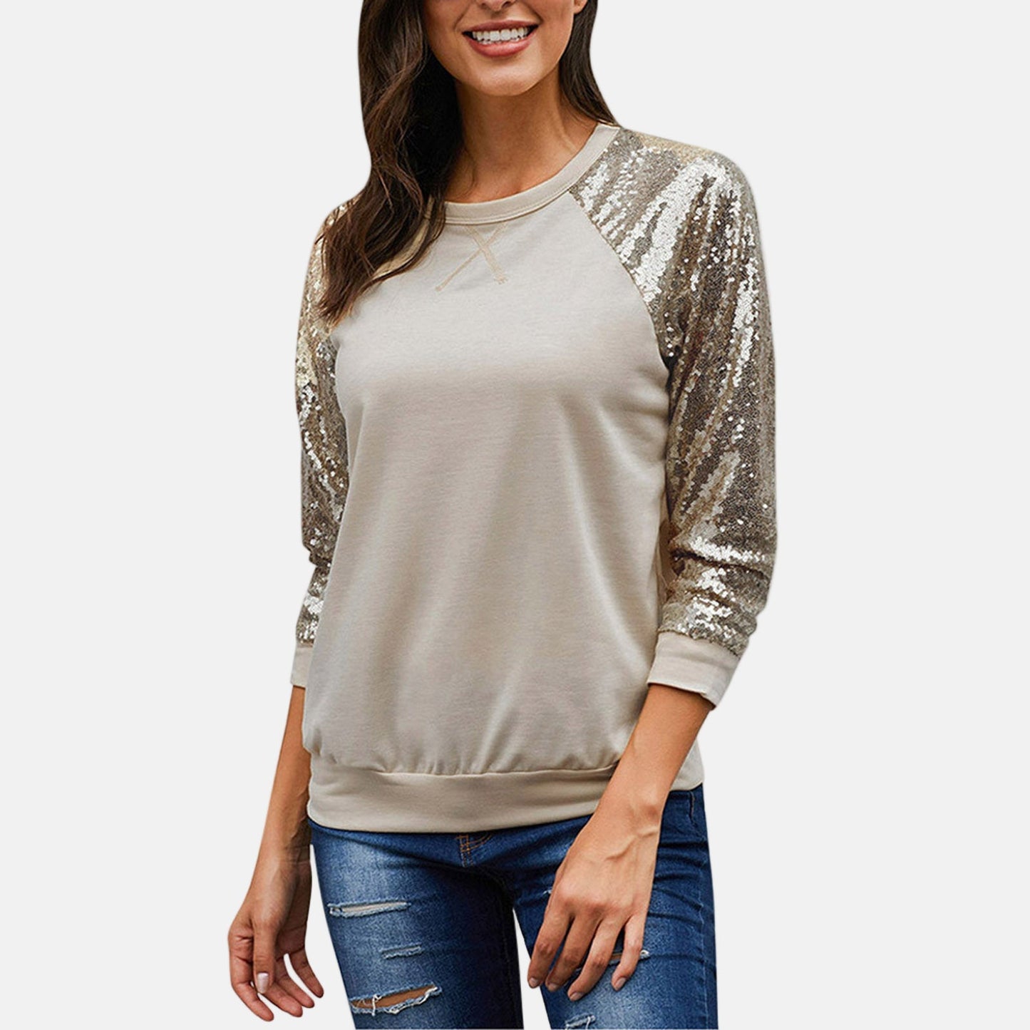 Women's relaxed fit crewneck sweatshirt with shimmering sequin sleeves for festive sparkle