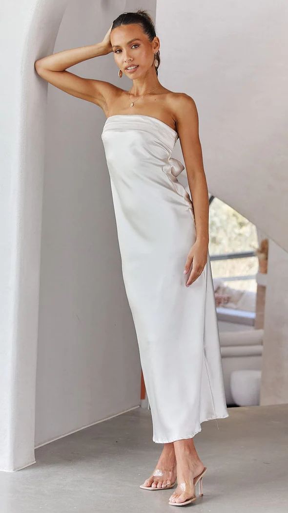 Nordic-Flair satin strapless maxi dress women elegant slim-fit silhouette smooth drape formal evening gown