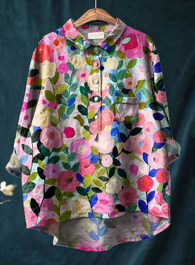 Women's floral button-up shirt loose fit blouse, vibrant color-rich print for everyday chic style
