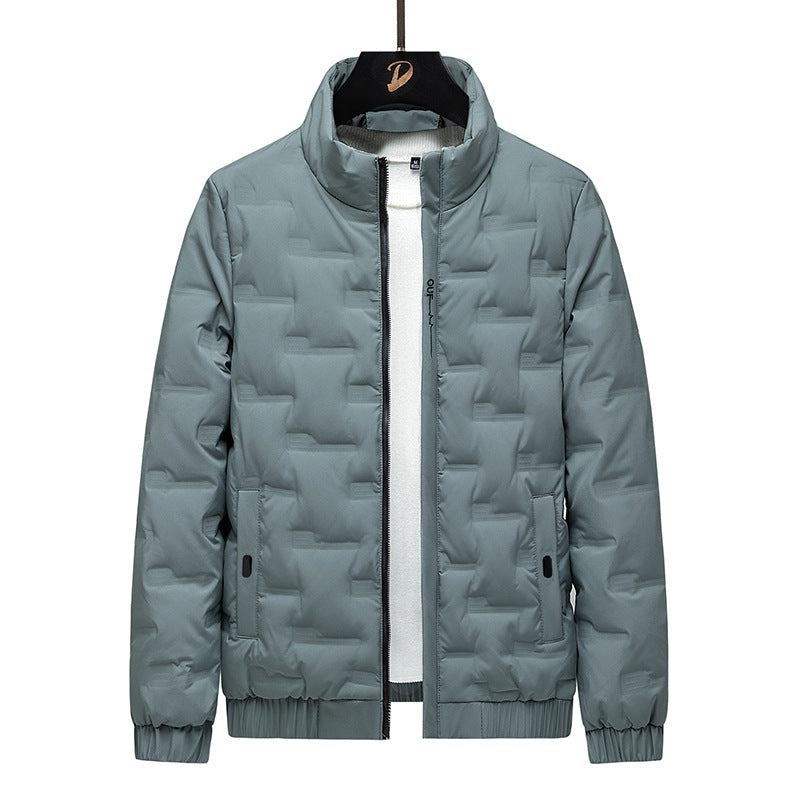 Men's lightweight quilted down jacket relaxed fit stand collar hip-length warm winter coat