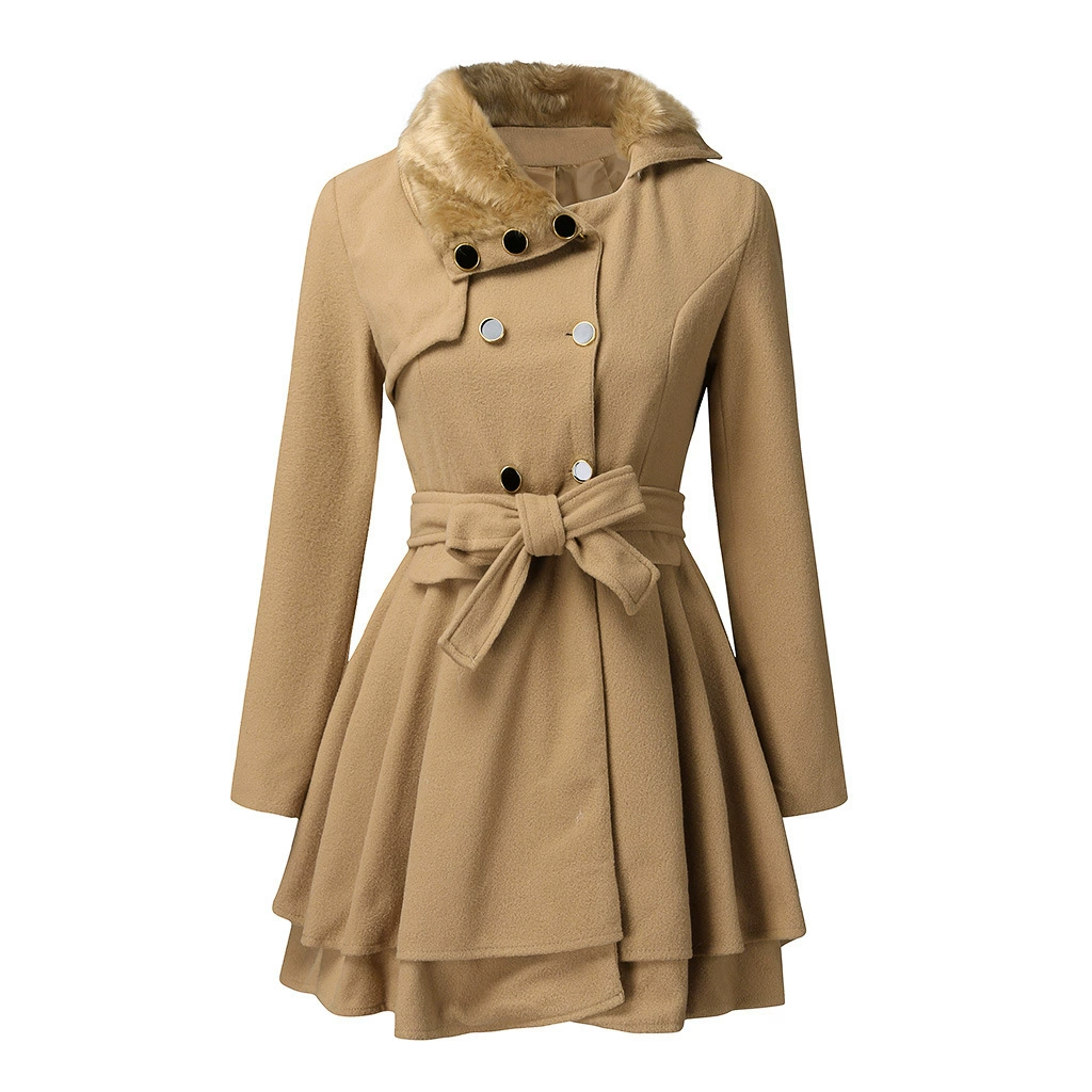 Women's beige layered trench coat double-breasted belted waist with tiered hem movement