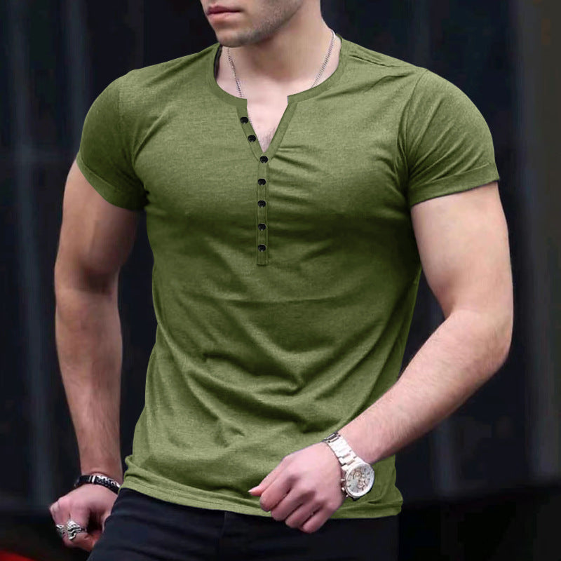 Men's slim fit Henley T-shirt soft knit short sleeve casual essential with button placket