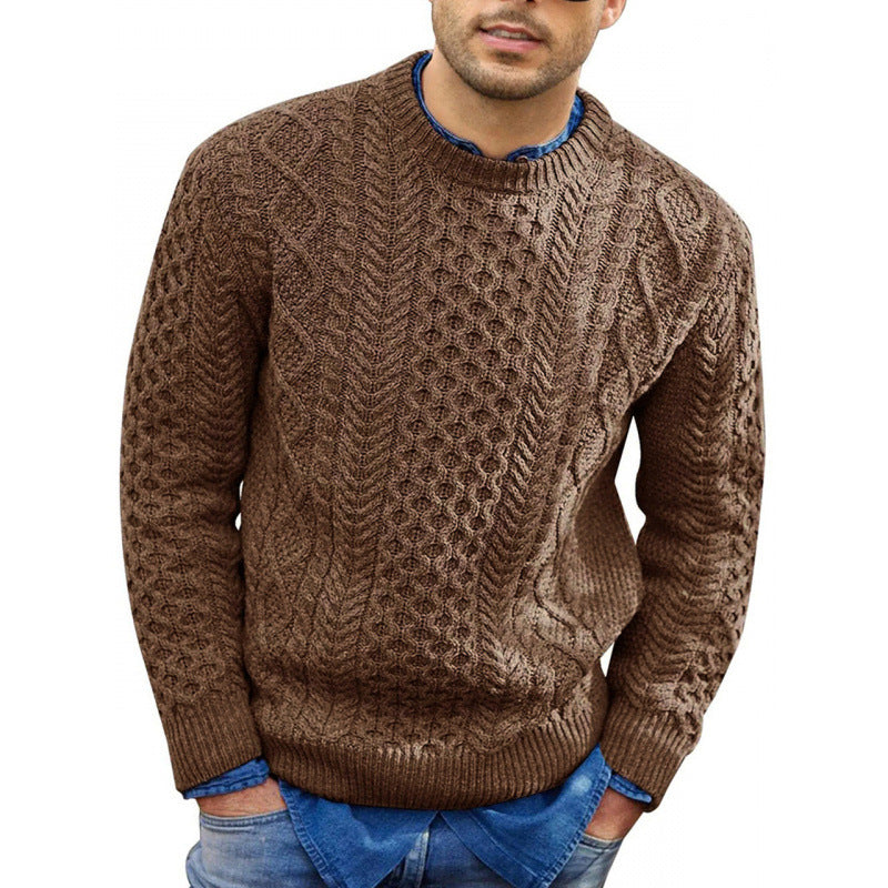 Men's cream cable knit crew neck sweater with ribbed cuffs, classic layering knitwear