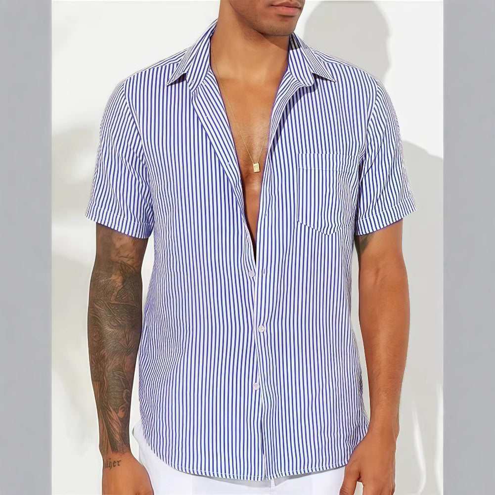 Men's cotton blend relaxed fit striped short sleeve shirt in Nordic-inspired vertical stripe pattern