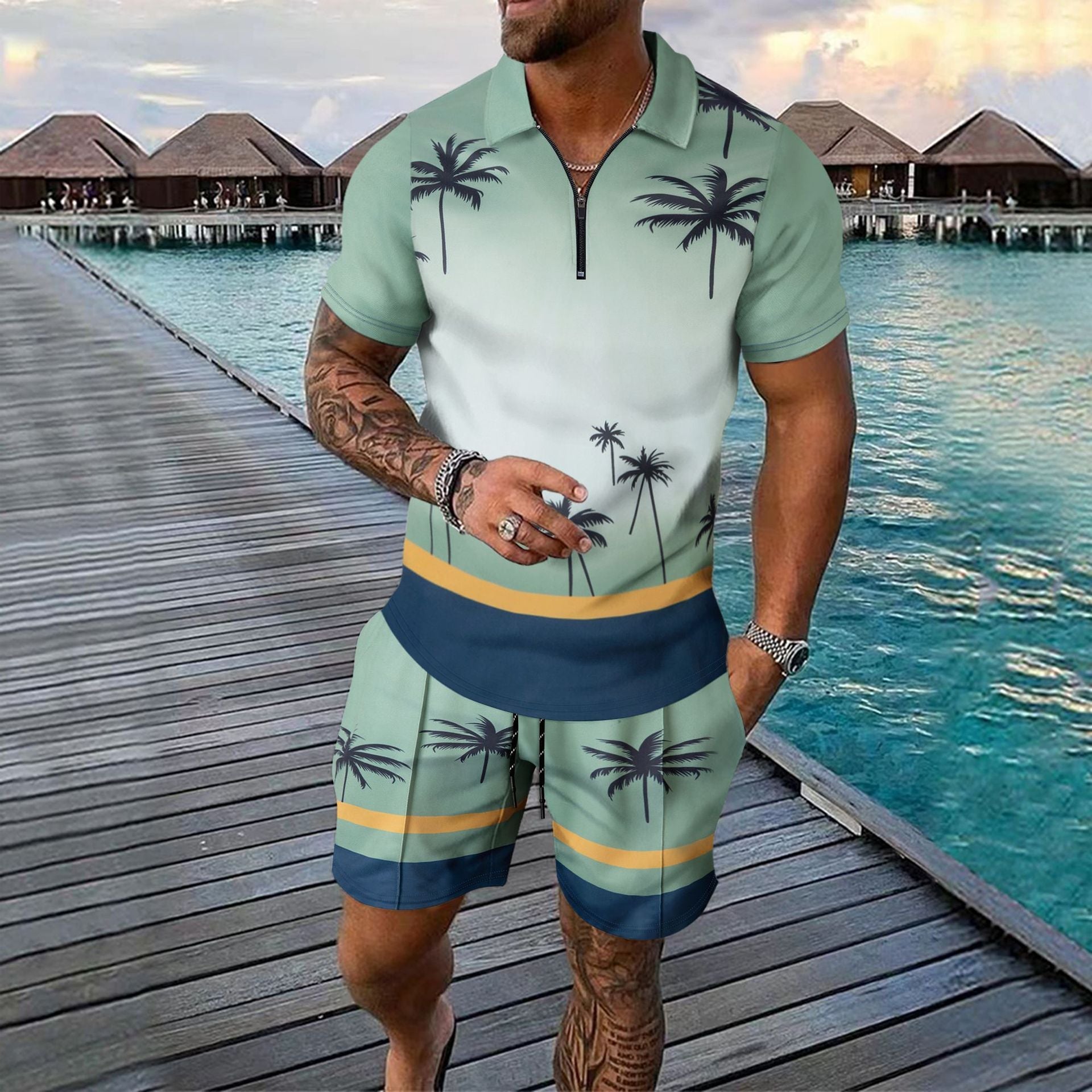Men's slim-fit sports set tropical pattern zip neck lightweight breathable activewear urban style