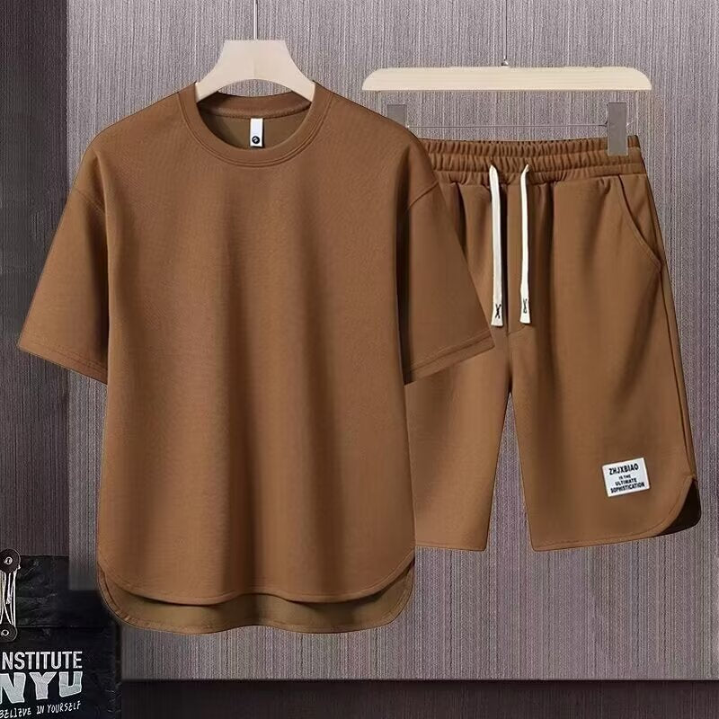 Men's relaxed fit cotton lounge set, short sleeve top and knee-length shorts, breathable summer style