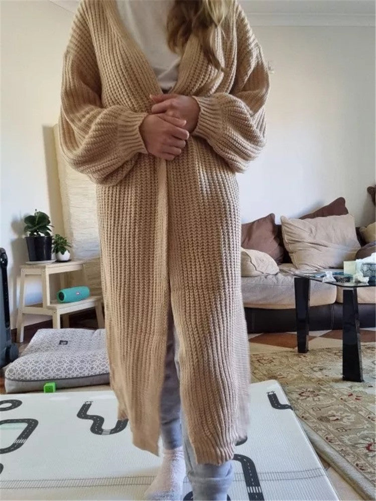 Women's oversized wool knit cardigan open front textured design cozy layering essential