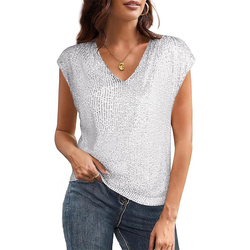 Women's sparkly silver metallic V-neck top short sleeve elegant fitted cut with shimmering finish