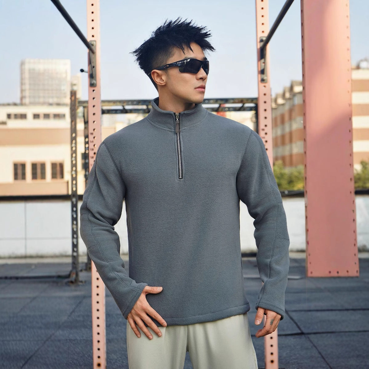 Men's gray fleece pullover high collar half-zip relaxed fit soft warm casual everyday comfort