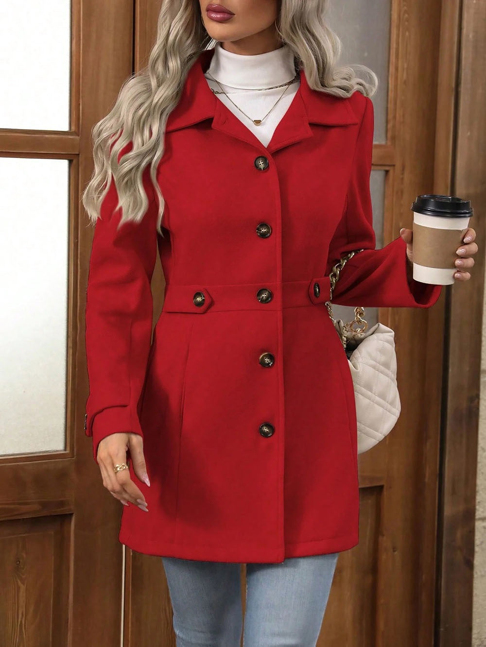 Women's slim fit wool coat mid-length belted waist button closure elegant warm outerwear
