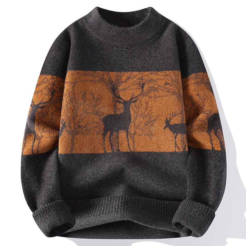 Men's loose fit Nordic knit pullover sweater with mock neck and deer jacquard pattern