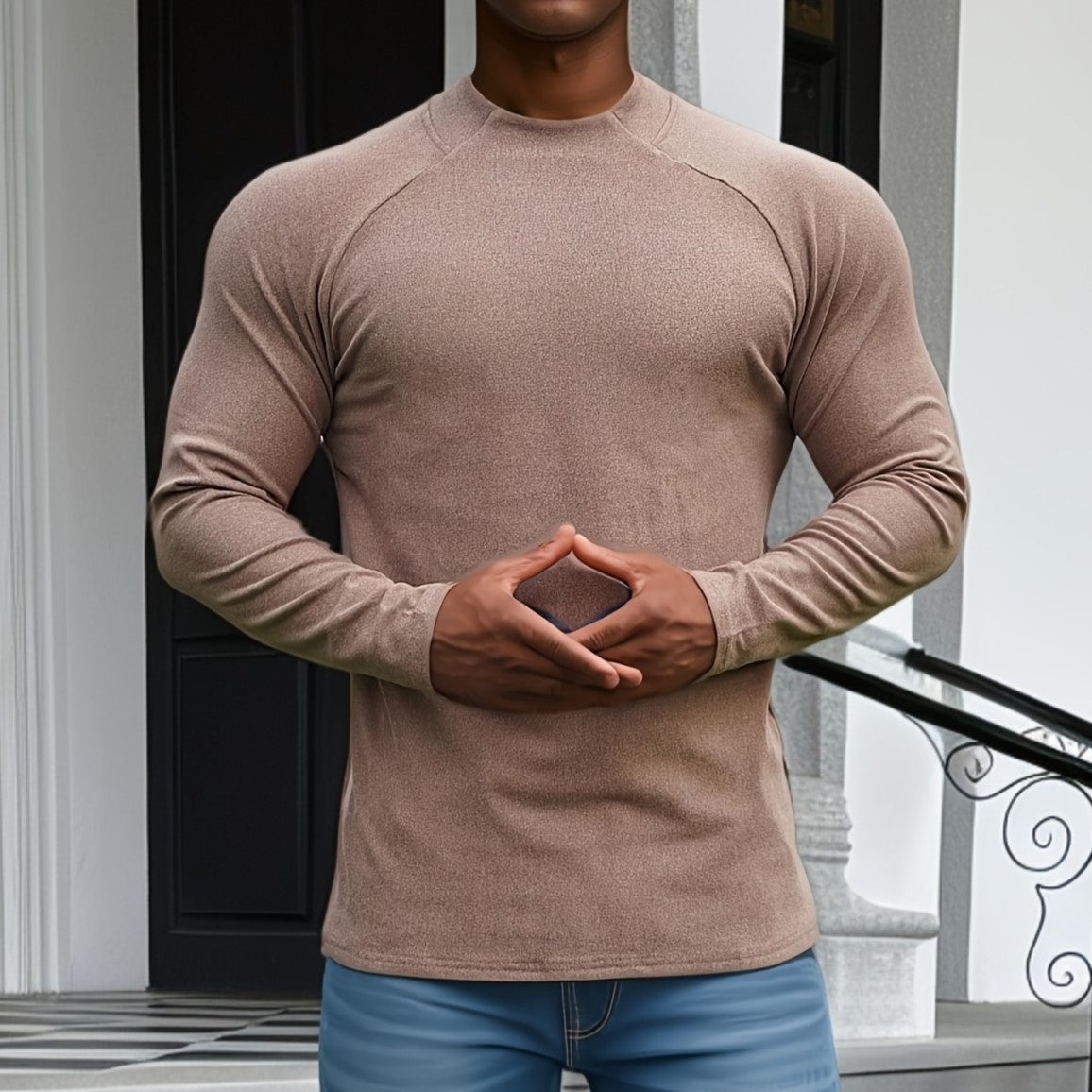 Men's slim fit long sleeve raglan crew neck t-shirt in soft stretch cotton for everyday modern style