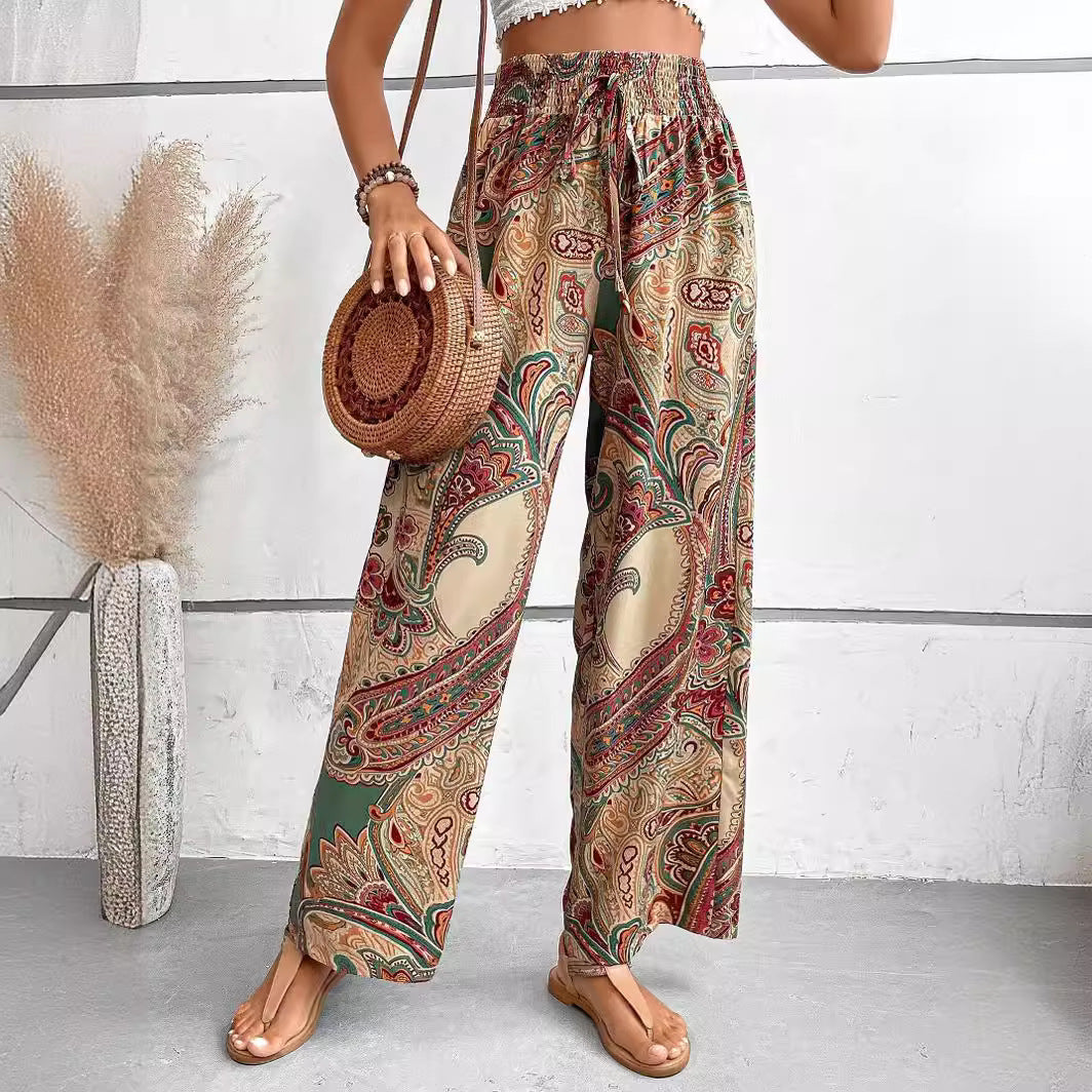 Women's wide-leg boho print pants relaxed fit lightweight draped elastic waist in vibrant pattern