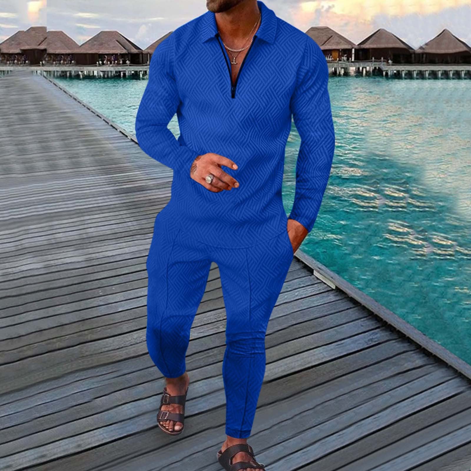 Men's slim fit two-piece sports suit navy blue 3D print breathable long sleeve polo active leisure set