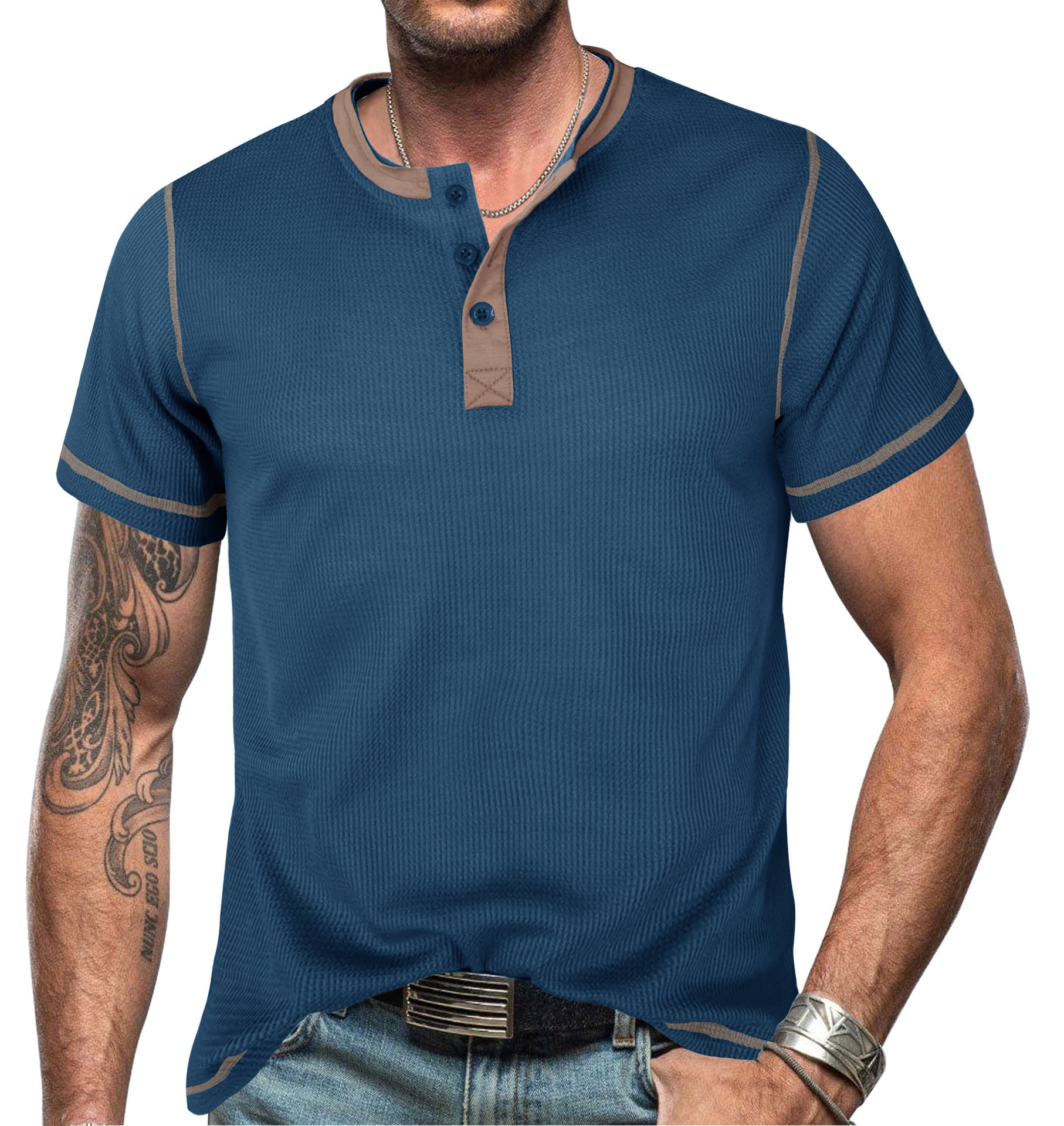 Men's slim fit Henley T-shirt breathable cotton short sleeve with button closure casual urban style