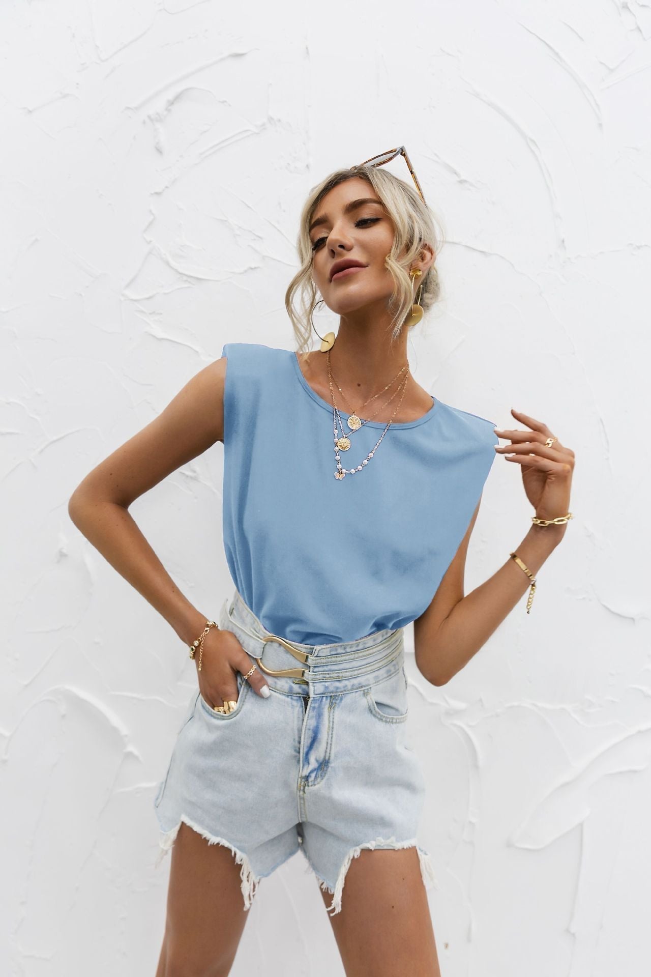 Women's relaxed fit short sleeve top extended shoulders lightweight cotton blend casual everyday