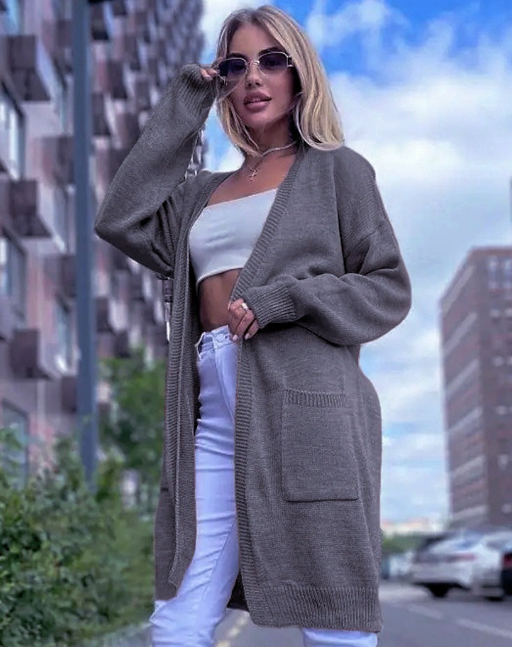 Women's cotton-blend knit cardigan loose fit open front longline silhouette with pockets