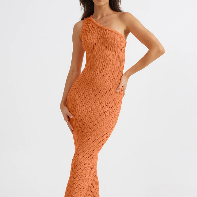 Women's black open-knit ankle-length dress with asymmetric one-shoulder neckline for evening