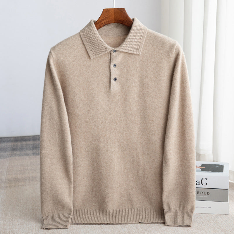Men's classic knit polo sweater with structured collar, three-button placket, timeless versatile style