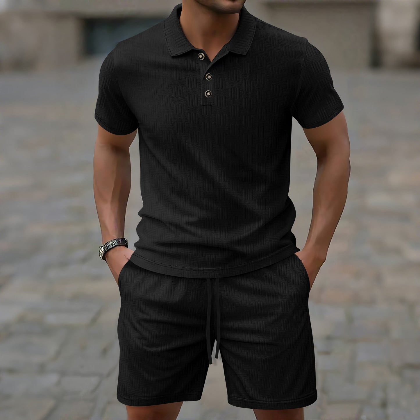 Men's slim fit short sleeve casual T-shirt with breathable texture and button closure everyday style