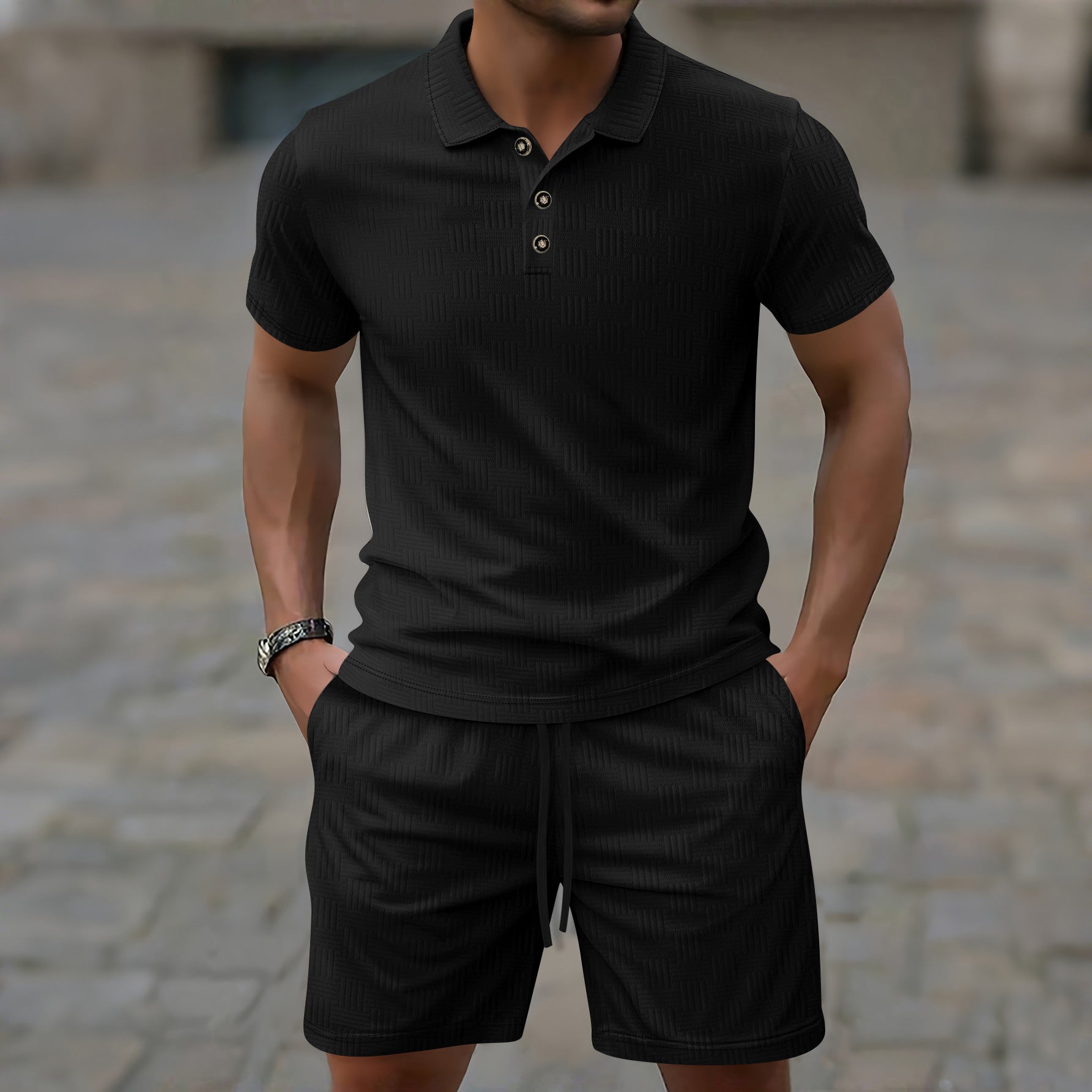 Men's slim fit short sleeve casual T-shirt with breathable texture and button closure everyday style