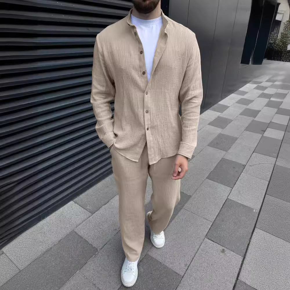 Men's linen-look beige relaxed fit button-up shirt and straight pants summer vacation set