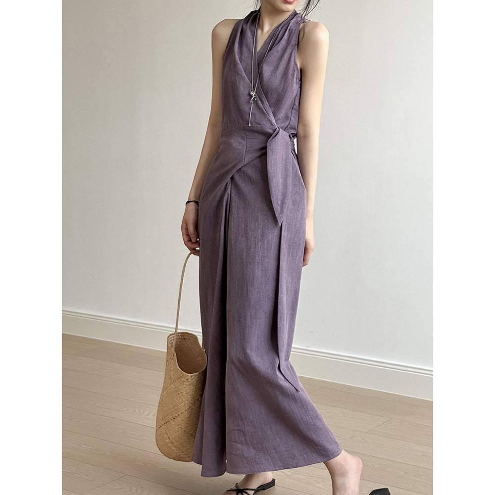 Black halterneck V-neck evening dress with adjustable waist tie, long flowing slim-fit silhouette