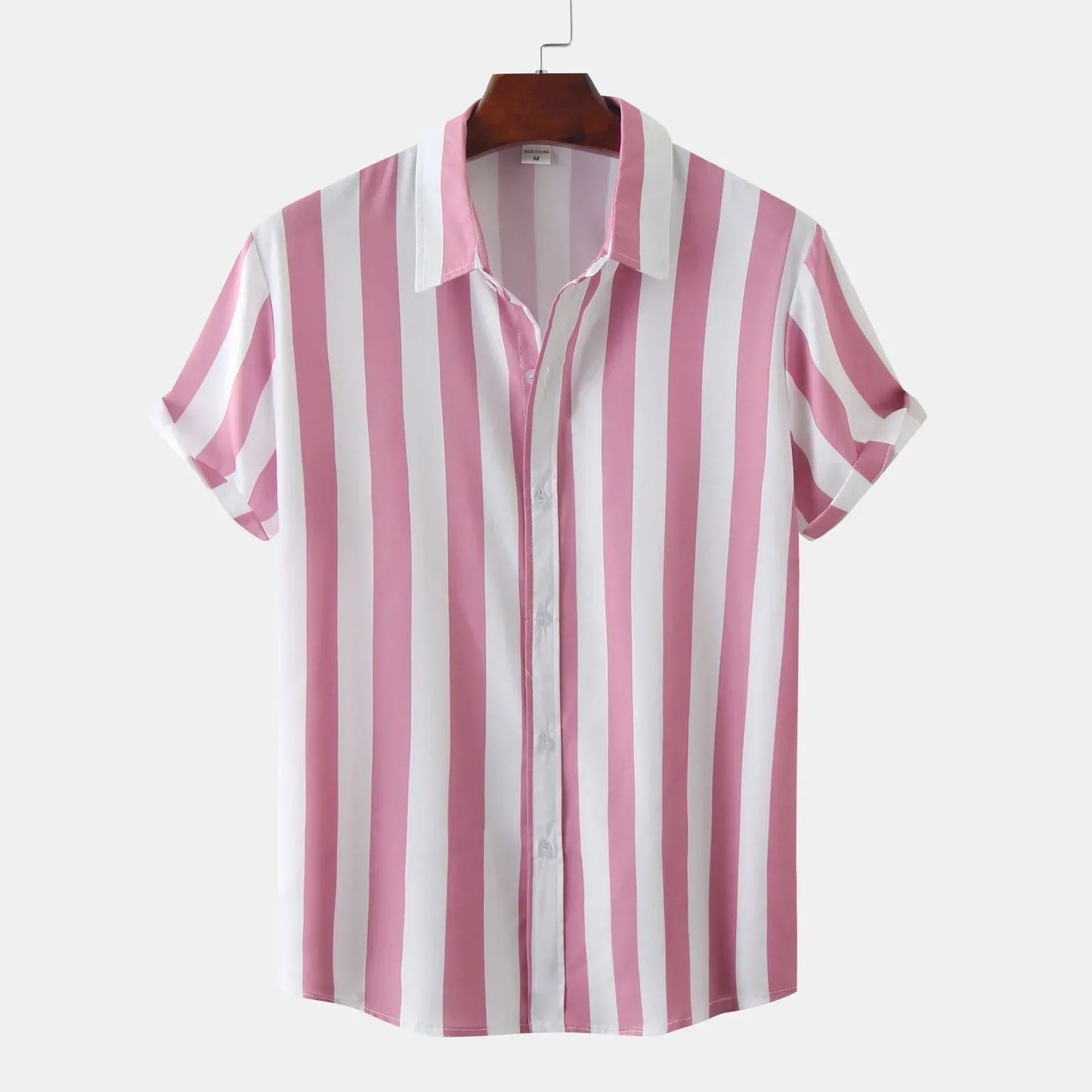 Men's short sleeve button-down shirt navy vertical stripes slim casual elegant everyday style